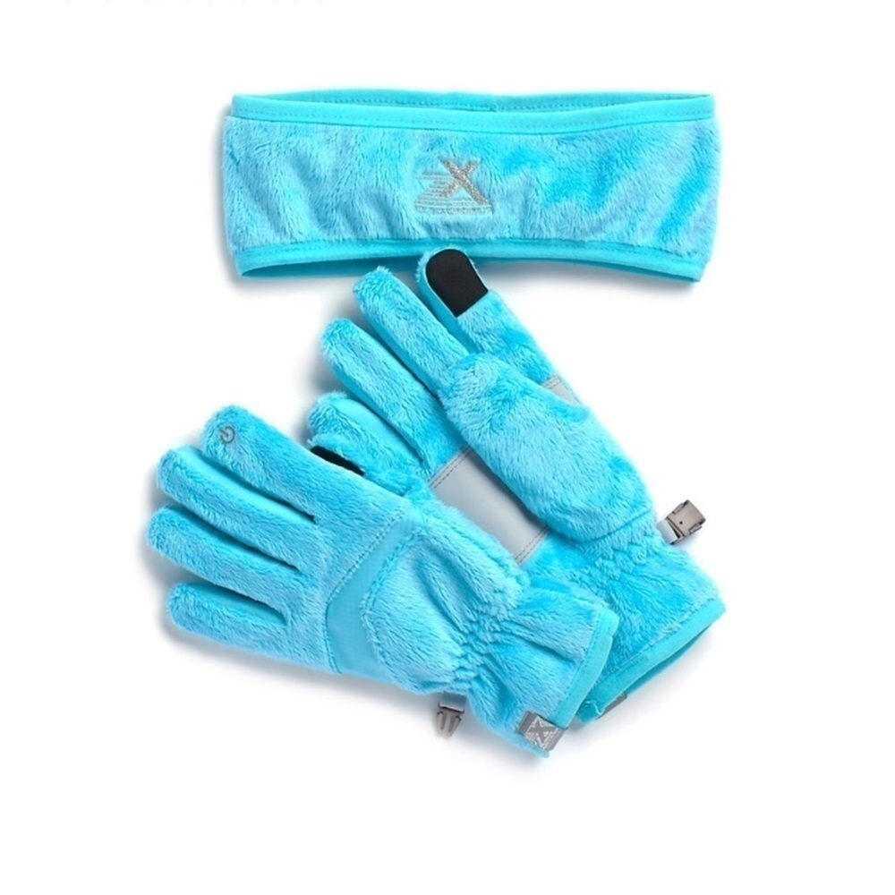 ZeroXposur gloves and headband set Girls size small/medium blue & gray